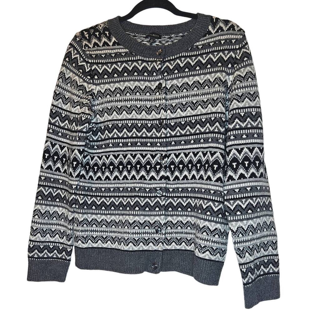 Talbots Lambswool Blend Beaded Fair Isle knit cardigan sweater sz Medium